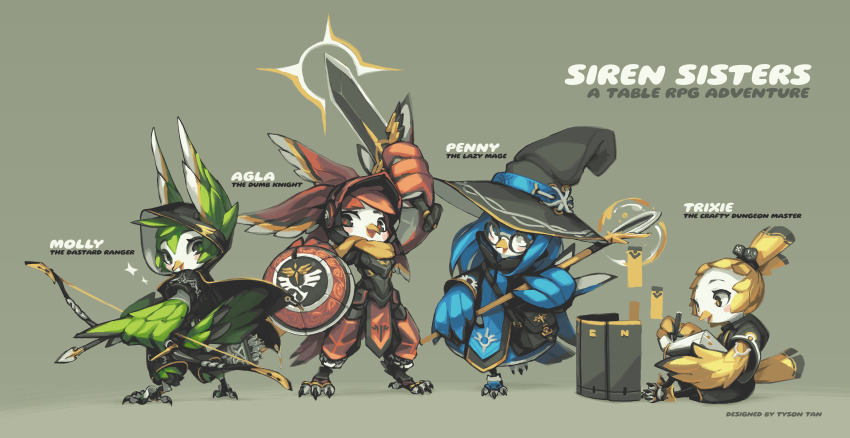 2020 4girls absurdres agla_the_siren archery armor arrow_(projectile) bag bird bird_girl bird_tail bird_wings black_armor black_cloak black_hoodie blue_fur book bookmark bow card chainmail chinese_commentary claws cloak commentary dice_hair_ornament downturned_eyes english_commentary fantasy feather_hair feathered_wings from_behind from_side full_armor furry furry_female glasses green_fur hair_ornament hat helmet highres holding holding_book holding_pen hood hooded_cloak hoodie knight krita_(medium) looking_at_object looking_at_viewer looking_back looking_down looking_up mage_staff magic molly_the_siren multiple_girls multiple_views on_floor original pants pen penny_the_siren red_armor red_fur red_helmet scarf shield shoulder_bag signature simple_background siren_(mythology) spirit_animals_in_disguise standing standing_on_one_leg sword tabletop_rpg tail trixie_the_siren tsurime tyson_tan upturned_eyes weapon wings witch witch_hat wizard yellow_fur yellow_scarf
