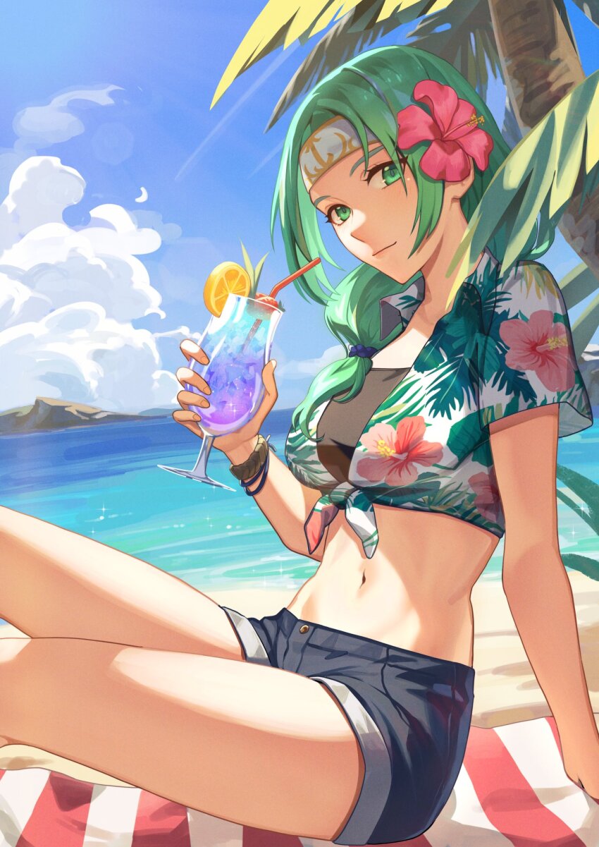 1girl alternate_costume aqua_eyes aqua_hair beach bikini_boody commission crop_top drink fire_emblem fire_emblem:_path_of_radiance fire_emblem:_radiant_dawn food fruit headband highres holding holding_drink looking_at_viewer navel nintendo ocean orange_(fruit) orange_slice outdoors palm_tree sand sigrun_(fire_emblem) summer tree tropical_drink