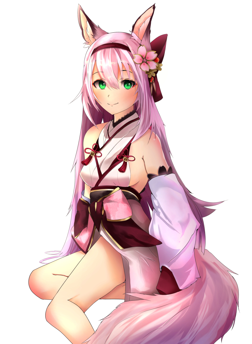 1girl animal_ears azur_lane bare_shoulders beefusteku blush breasts closed_mouth feet_out_of_frame flower fox_ears fox_tail green_eyes hair_flower hair_ornament hairband hanazuki_(azur_lane) highres japanese_clothes kimono legs long_hair looking_at_viewer medium_breasts on_floor pink_hair red_hairband sideboob smile solo tail thighs white_background
