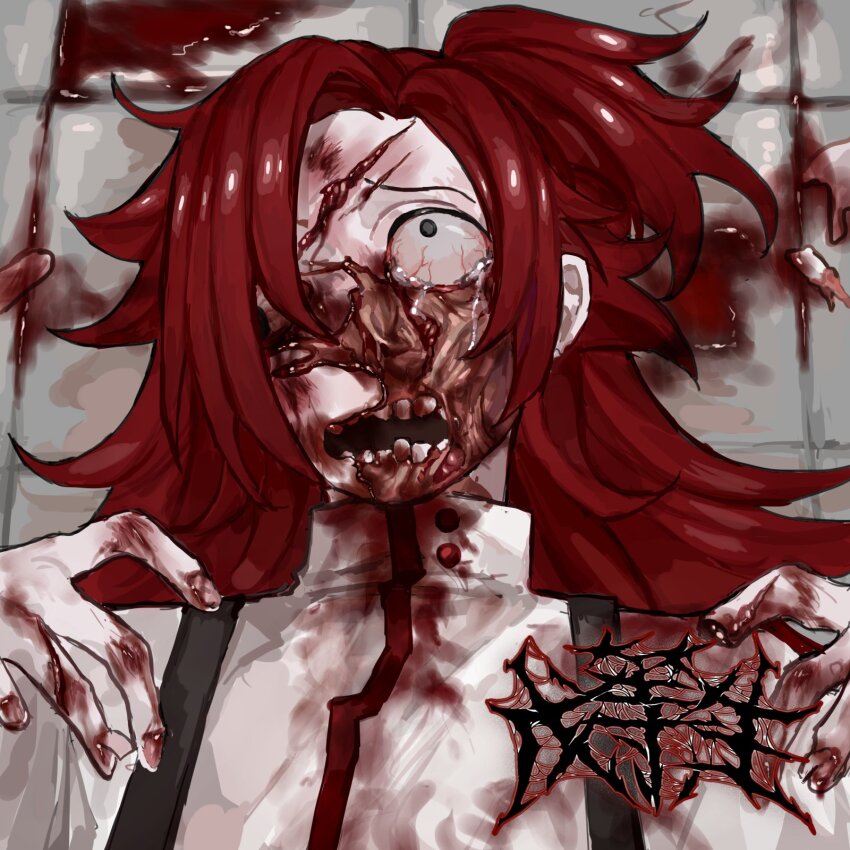 1other blood blood_on_clothes blood_on_ground blood_on_hands crying cuts flesh grey_eyes guro highres injury long_hair looking_up open_mouth original ponytail red_hair severed_finger shirt solo tears teeth upper_body white_shirt wuwuren