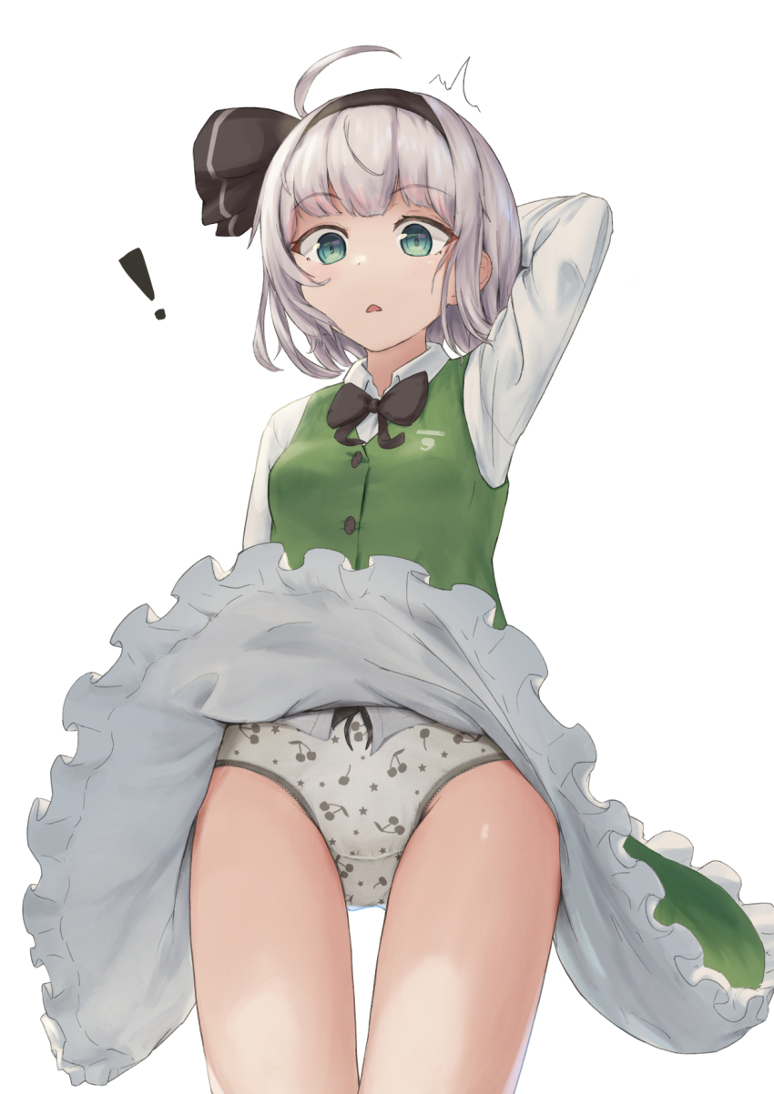 ! 1girl ahoge arm_up bow bow_panties cherry_panties cherry_print commentary_request crotch_seam food_print fruit_print green_eyes green_skirt green_vest grey_hair grey_panties hairband highres konpaku_youmu kubure panties print_panties ribbon shirt short_hair simple_background skirt solo star_(symbol) star_panties star_print surprised touhou underwear vest white_background white_shirt wind wind_lift