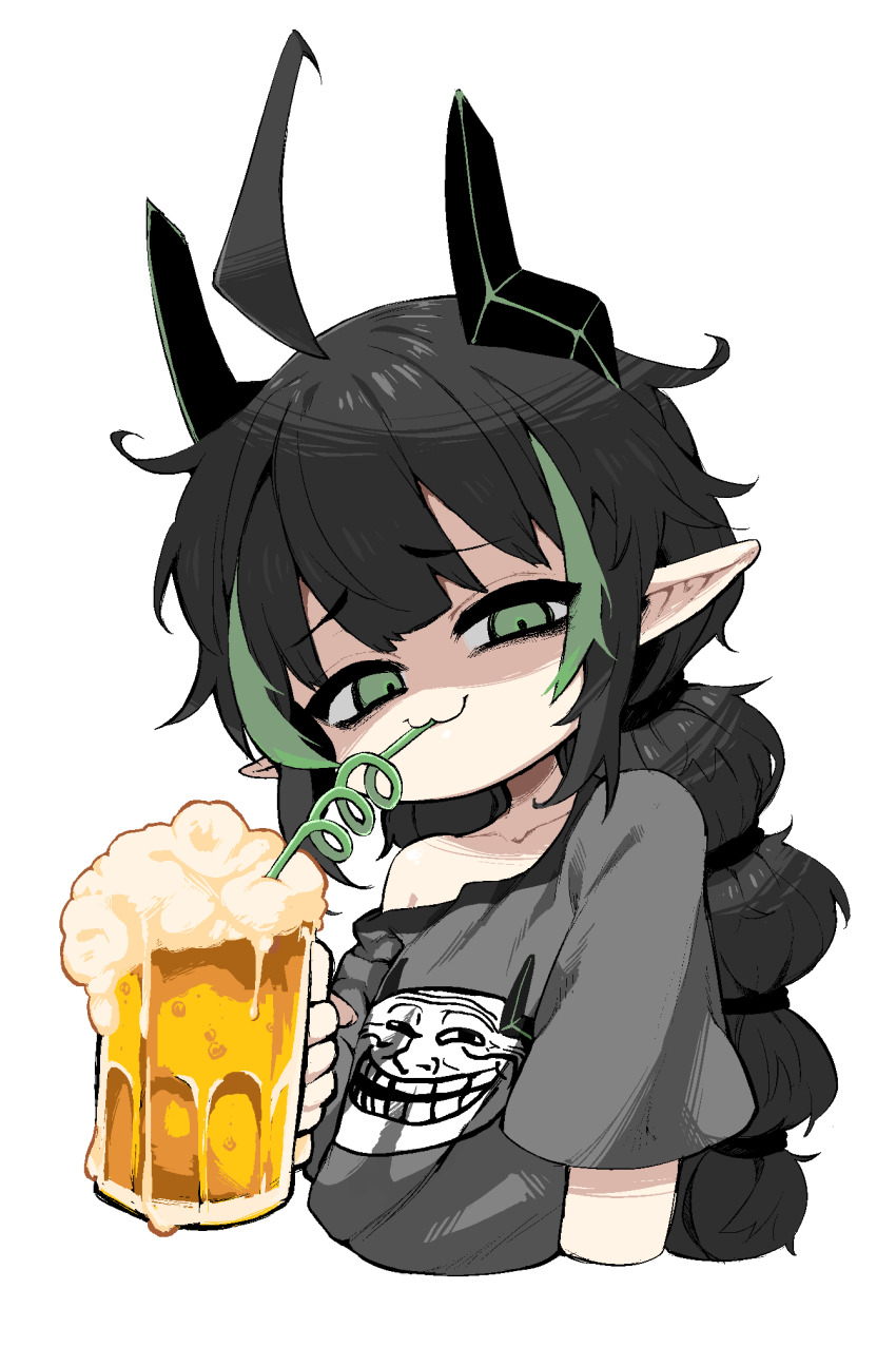 1girl alcohol aledasama beer beer_mug black_horns black_panties braid cat_tail crazy_straw cup drinking_straw elf elfinpsyop green_eyes green_hair green_thighhighs highres holding holding_cup horns indie_virtual_youtuber long_hair looking_at_viewer lying mug multicolored_hair on_side panties pointy_ears sleeping smug solo streaked_hair striped_clothes striped_thighhighs tail thighhighs transparent_background troll_face twin_braids underwear virtual_youtuber zzz