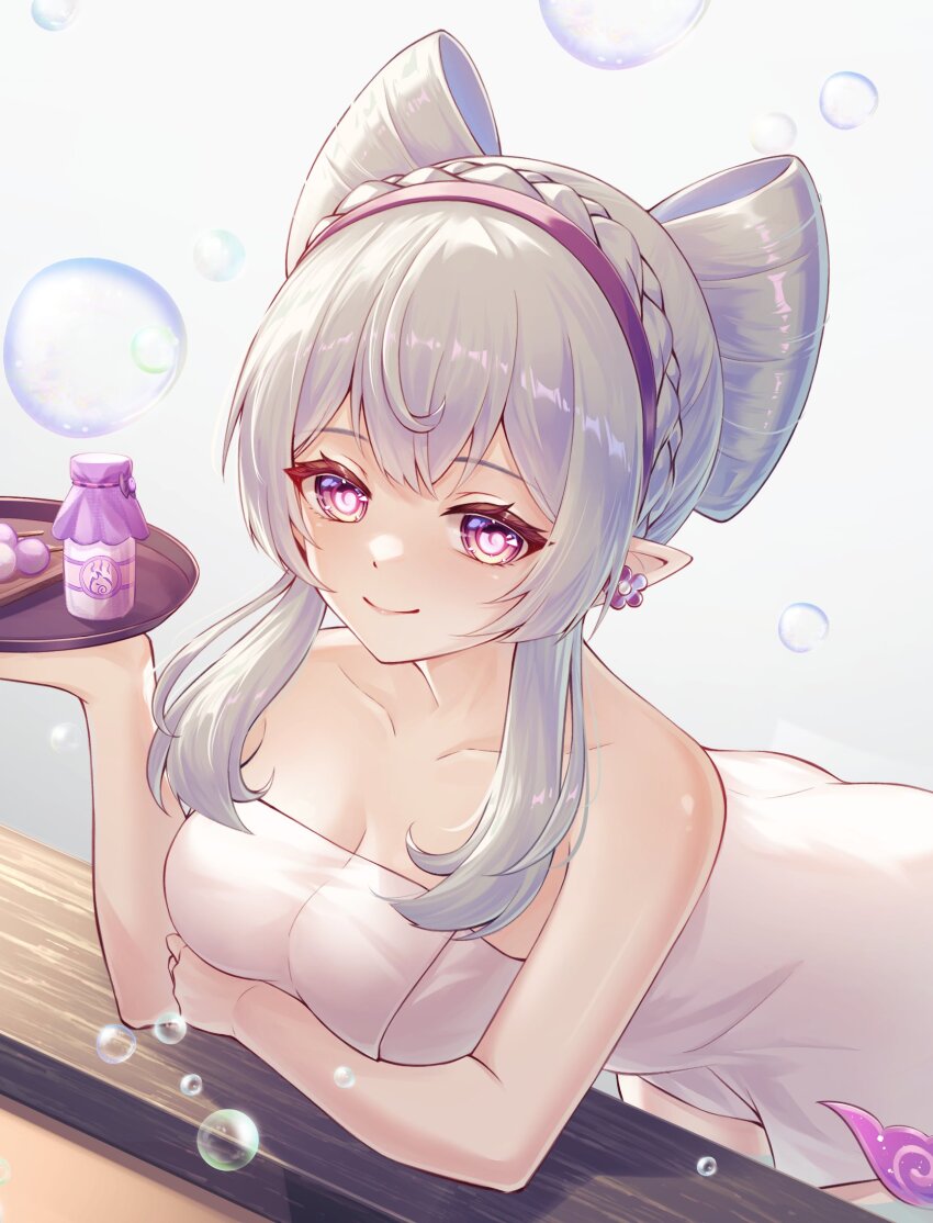 1girl aqua_hair arm_under_breasts bare_shoulders breasts bubble collarbone dango dango_milk_(genshin_impact) food genshin_impact hairband highres looking_at_viewer medium_breasts naked_towel nihongami onsen partially_submerged pink_pupils pointy_ears purple_eyes smile tail tapir_tail towel tray wagashi yumemizuki_mizuki yuno_kaihara