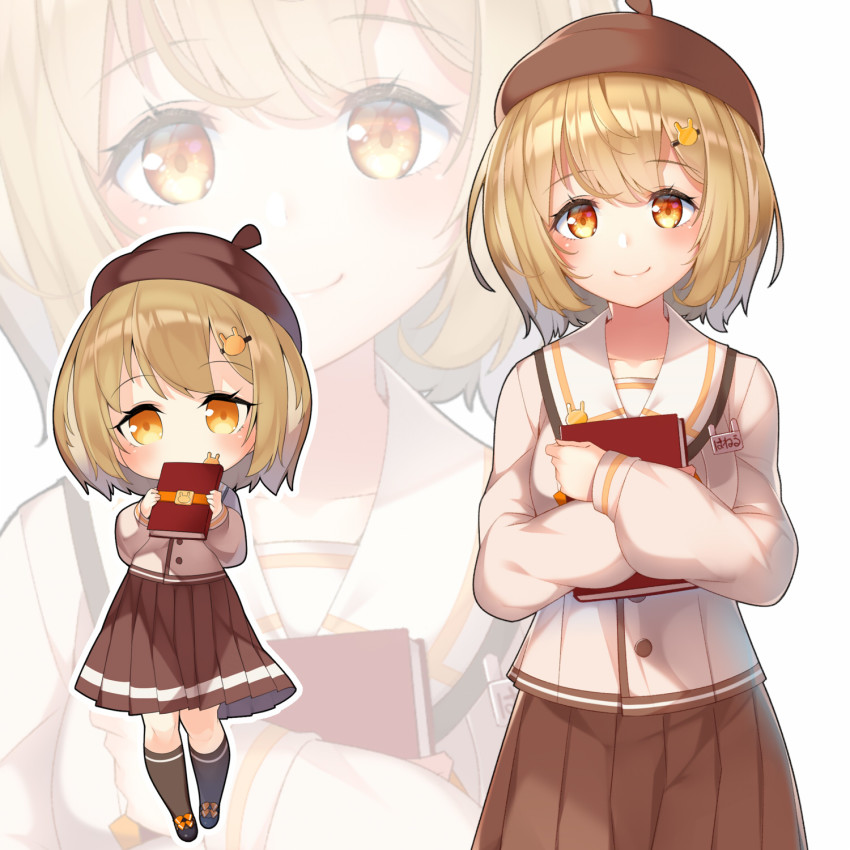 1girl nanashi_inc. animare beret book brown_hair brown_headwear brown_skirt chibi hair_ornament hairclip hat highres holding holding_book inaba_haneru_(animare) kokka_han long_skirt long_sleeves looking_at_viewer multiple_views orange_eyes pleated_skirt sailor_collar school_uniform shirt short_hair skirt smile socks virtual_youtuber white_sailor_collar white_shirt zoom_layer