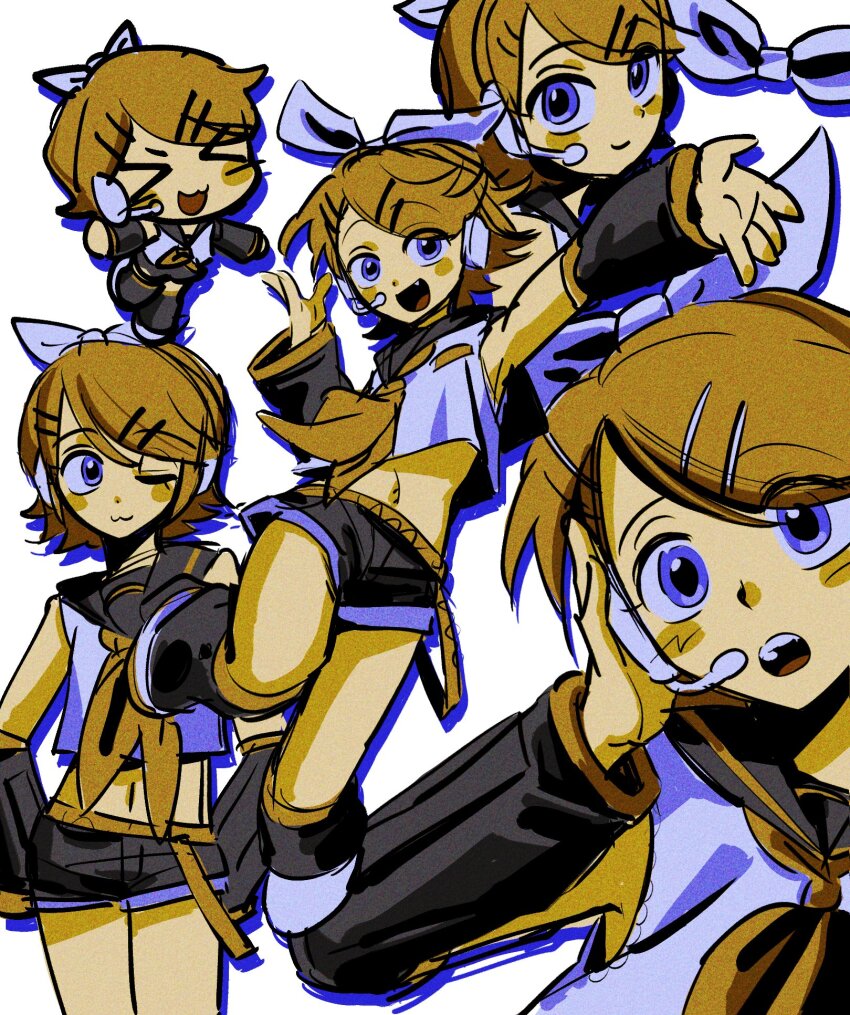 &gt;_&lt; 1girl :3 bare_shoulders belt black_shorts black_sleeves blonde_hair blue_eyes blush_stickers bow chibi crop_top detached_sleeves hair_bow hair_ornament hairclip hand_on_headphones hand_on_headset happy headphones headset highres kagamine_rin leg_warmers looking_at_viewer midriff multiple_views narrow_waist navel neckerchief open_mouth sailor_collar shirt short_hair shorts sleeveless sleeveless_shirt smile t0ngue2 vocaloid white_bow x3 yellow_belt yellow_neckerchief