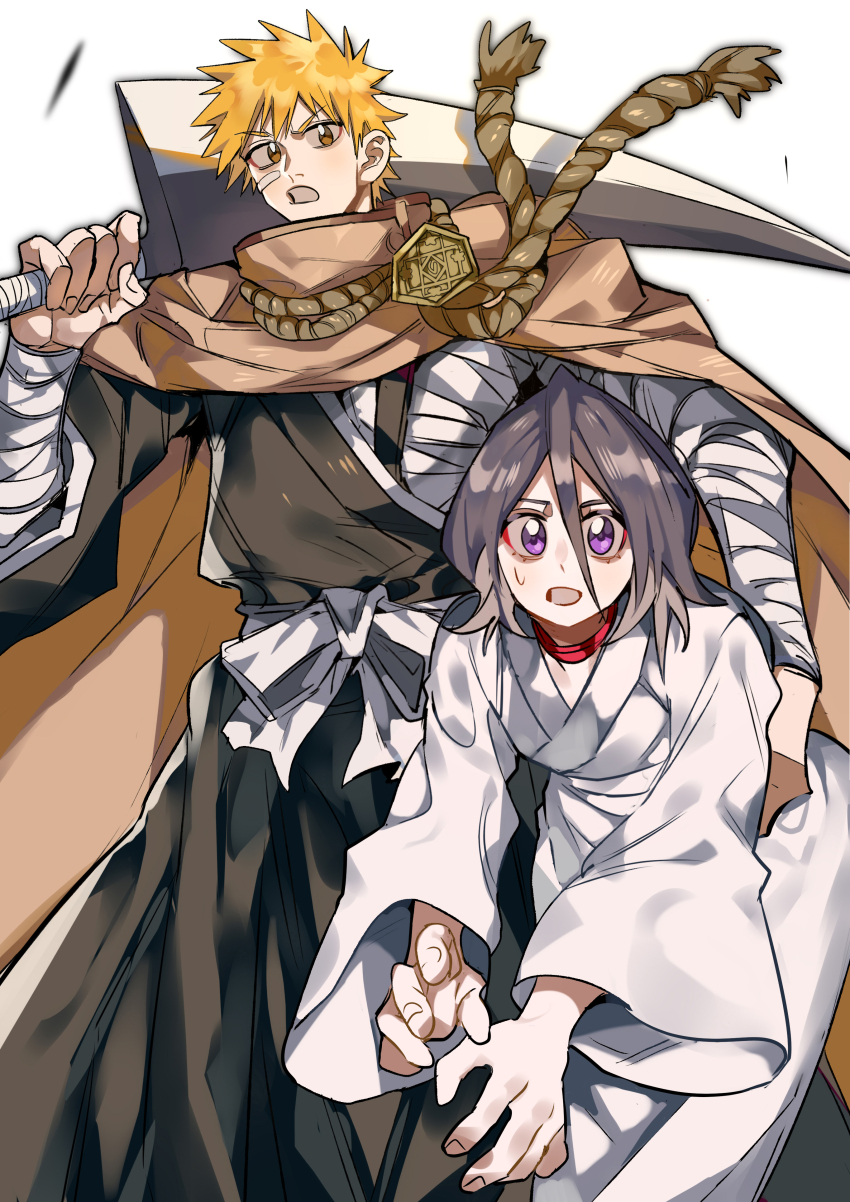 1boy 1girl absurdres bandage_on_face bandaged_arm bandages black_hair black_kimono bleach brown_eyes carrying carrying_person cloak collar hair_between_eyes highres holding holding_sword holding_weapon japanese_clothes kimono kuchiki_rukia kurosaki_ichigo looking_at_viewer obi open_mouth orange_hair over_shoulder purple_eyes red_collar rope sash spiked_hair sweatdrop sword weapon weapon_over_shoulder white_kimono white_sash xi_luo_an_ya zangetsu_(shikai)