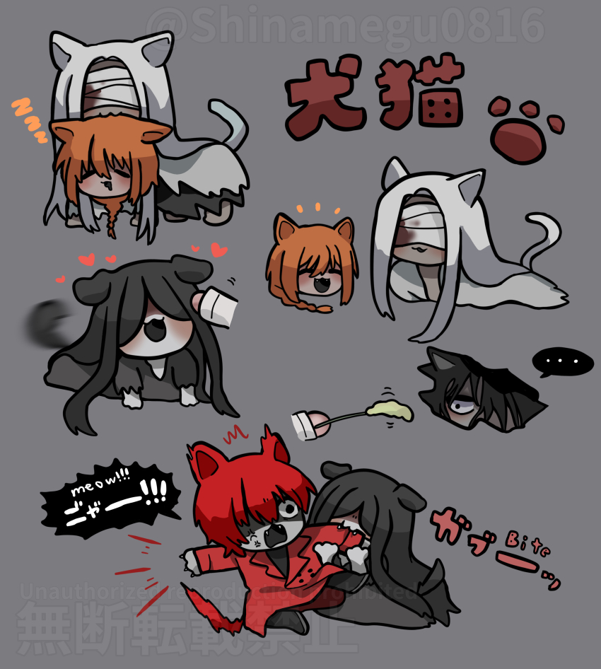 5boys absurdres all_fours animal_ears bandages bandages_over_eyes biting biting_arm black_eyes black_hair black_kimono blood bloody_bandages cat_boy cat_ears cat_tail cat_teaser chibi coat dog_boy dog_ears dog_tail english_text fangs grey_background grey_hair headpat heroine_(homicipher) highres holding_detached_head homicipher japanese_clothes kemonomimi_mode kimono long_hair male_focus mixed-language_text mouth_hold mr._chopped mr._crawling mr._gap mr._scarletella mr._silvair multiple_boys orange_hair red_coat red_hair severed_head shinamegu0816 short_hair simple_background tail tail_wagging translation_request very_long_hair