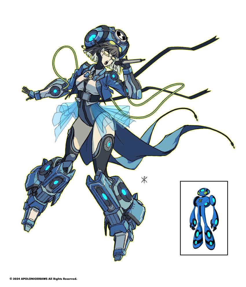 1girl absurdres apoloniodraws ben_10 ben_10:_ultimate_alien black_straps blue_footwear blue_jacket cyborg genderswap genderswap_(mtf) highres holding holding_microphone humanization jacket mechanical_arms mechanical_head mechanical_legs microphone music omnitrix shirt singing speaker ultimate_echo_echo white_shirt