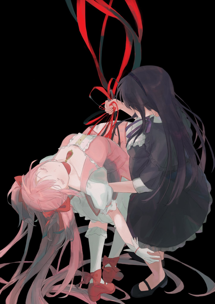 2girls akemi_homura akemi_homura_(black_dress) black_dress black_hair black_shoes closed_eyes closed_mouth collarbone covered_eyes dress gloves hair_spread_out highres kaname_madoka kaname_madoka_(magical_girl) kneehighs long_hair mahou_shoujo_madoka_magica mahou_shoujo_madoka_magica:_hangyaku_no_monogatari multiple_girls pink_dress pink_hair puffy_short_sleeves puffy_sleeves red_ribbon red_shoes ribbon shoes short_sleeves socks sukuuyu twintails very_long_hair white_gloves white_socks
