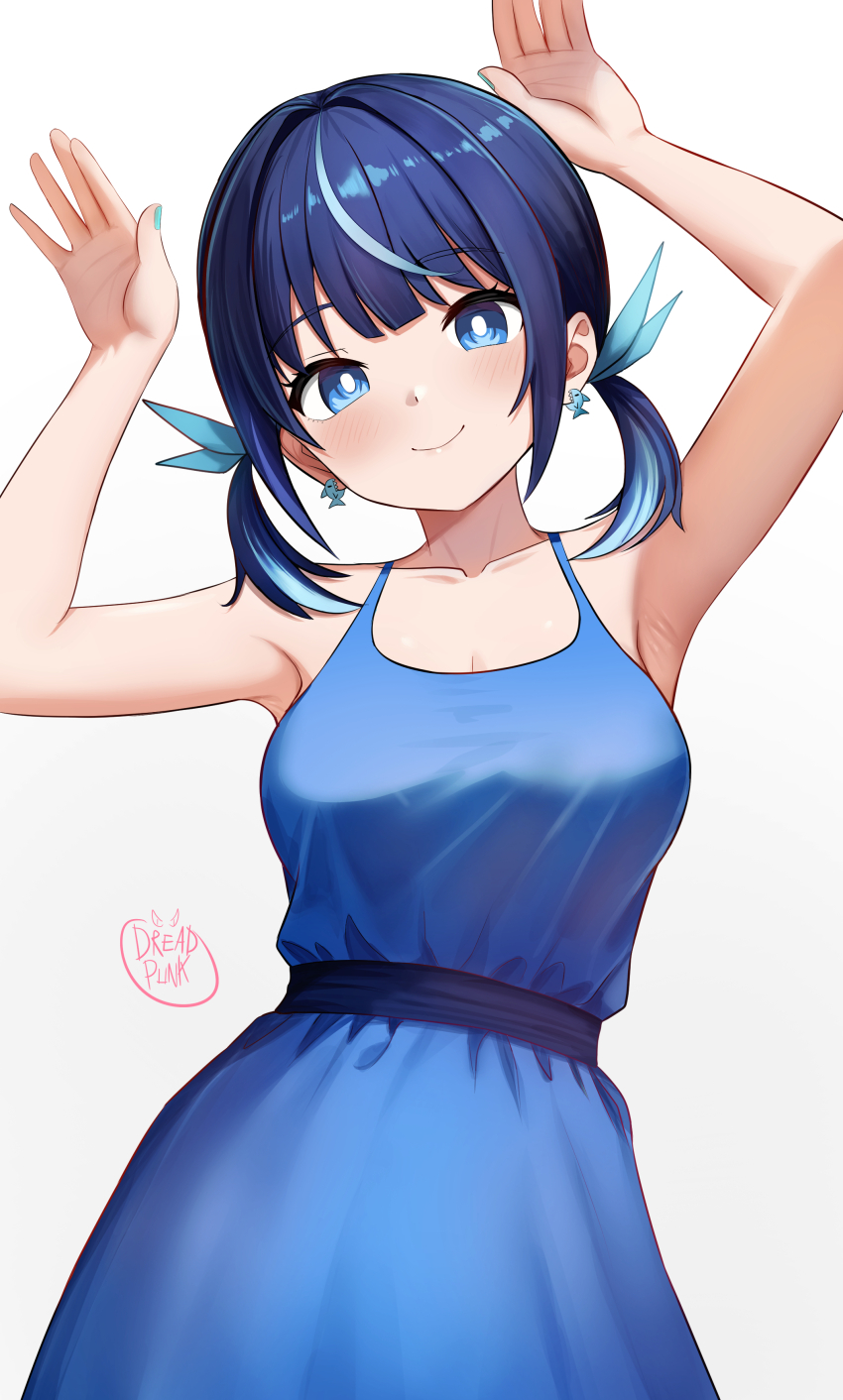 1girl absurdres armpits arms_up artist_name blue_dress blue_eyes blue_hair blue_nails blue_ribbon blush breasts bright_pupils cleavage closed_mouth commentary dreadpunk dress earrings fingernails fish_earrings hair_ribbon halter_dress halterneck highres jewelry long_fingernails looking_at_viewer low_twintails medium_breasts multicolored_hair nail_polish original ribbon simple_background sleeveless sleeveless_dress smile solo streaked_hair twintails upper_body white_background white_pupils