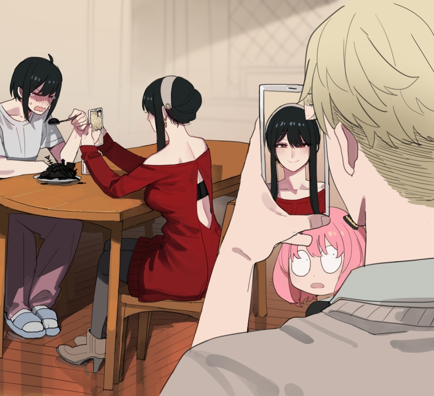 absurdres anya_(spy_x_family) bare_shoulders black_hair breasts child earrings green_eyes hairband hairpods highres holding husband_and_wife jewelry large_breasts long_sleeves open_mouth photo-referenced pink_hair ratatatat74 red_eyes red_sweater shirt sidelocks smile spy_x_family sweater twilight_(spy_x_family) white_hairband yor_briar yuri_briar