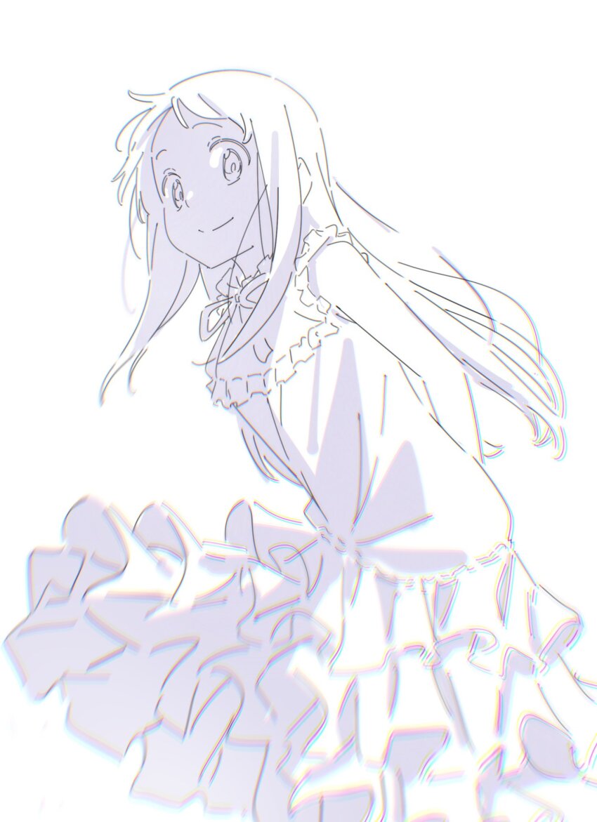 1girl ano_hi_mita_hana_no_namae_wo_bokutachi_wa_mada_shiranai. arms_behind_back dress frilled_dress frills greyscale highres honma_meiko long_hair looking_at_viewer monochrome simple_background sketch smile solo super-saiya-0173