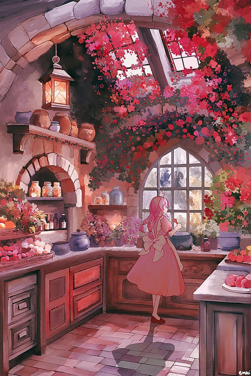 1girl absurdres ahoge cauldron dress enki_(enkiriin) flower food from_behind fruit heart heart_ahoge highres holding holding_spoon kitchen lantern maria_marionette nijisanji nijisanji_en painterly pink_dress pink_hair solo spoon virtual_youtuber window wooden_spoon