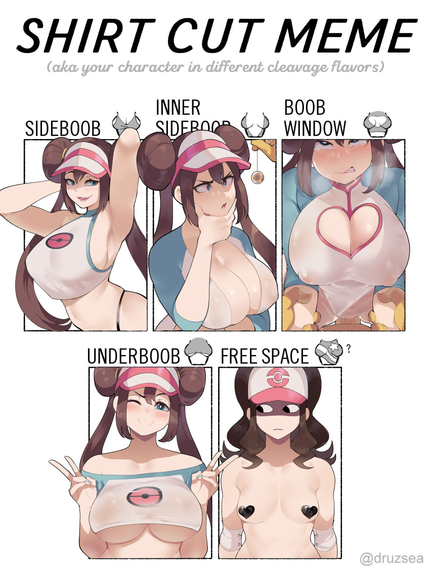 1boy 2girls absurdres adapted_costume alternate_breast_size breast_envy breasts brown_hair chart cleavage_cutout clothing_cutout colored_skin covered_erect_nipples cowgirl_position english_text gen_1_pokemon hand_on_own_chin hat heart heart_cutout heart_pasties hetero highres hilda_(pokemon) huge_breasts hypno hypnosis interspecies meme mind_control multiple_drawing_challenge multiple_girls multiple_views nintendo nyantcha pasties pendulum penis pokemon pokemon_(creature) pokemon_bw pokemon_bw2 pokephilia pussy rosa_(pokemon) sex shirt_cut_meme sideboob small_breasts straddling stroking_own_chin uncensored underboob visor_cap yellow_skin