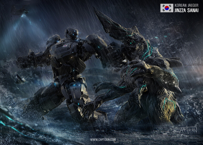 2013 aircraft alien battle captoon claws clenched_hand cloud commentary concept_art creature dated duel english_commentary flying jinzza_sanai kaiju lights machinery mecha monster night ocean original pacific_rim punching rain realistic robot science_fiction signature south_korean_flag storm water watermark web_address
