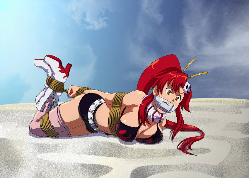 1girl angry arms_behind_back bdsm belt bikini bikini_top_only boots breasts clenched_hand gag hair_ornament halterneck high_heels highres hogtie improvised_gag large_breasts legs_together long_hair merinthos micro_shorts ponytail red_hair scarf shorts swimsuit tape tape_gag tengen_toppa_gurren_lagann thighhighs yellow_eyes yoko_littner