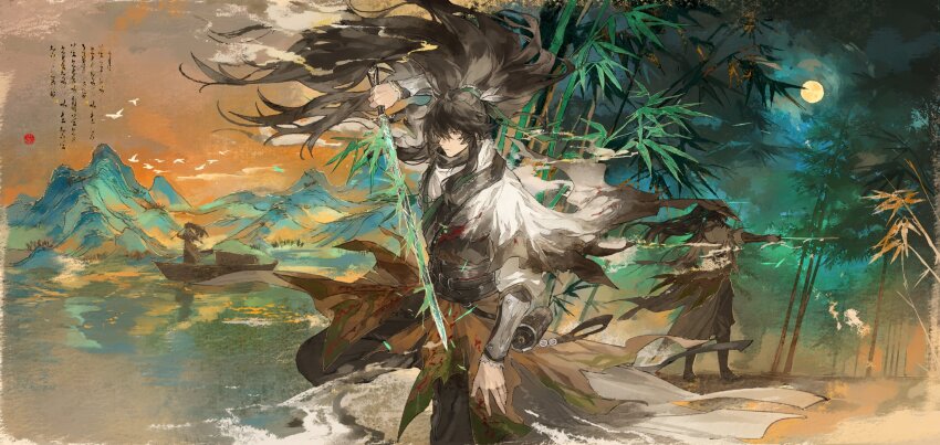 1boy bamboo bamboo_forest black_hair blind chinese_clothes chinese_hat duplicate forest green_sword grey_eyes highres ink_wash_painting long_hair male_focus mei_ren nature ponytail qiuyuan_(wuthering_waves) shirt white_shirt wuthering_waves