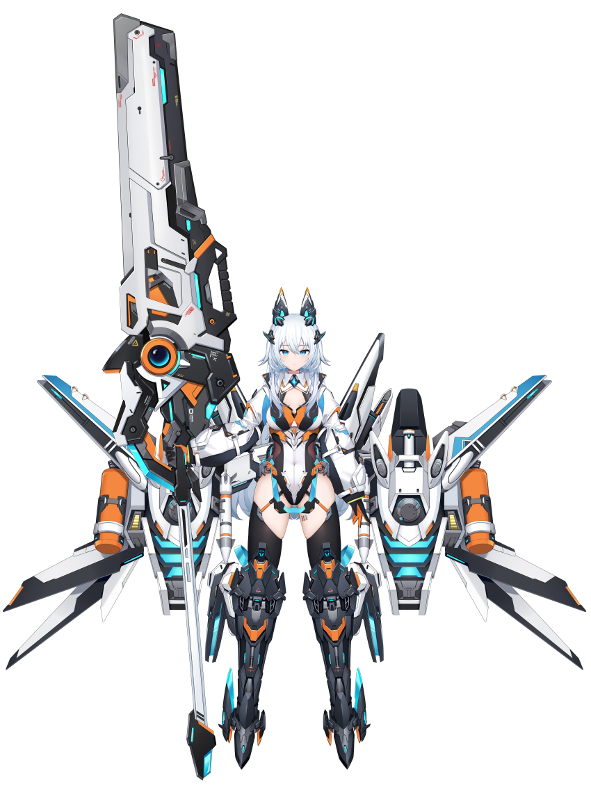 1girl absurdres animal_ears armored_boots black_gloves black_thighhighs blue_eyes boots breasts cleavage closed_mouth fake_animal_ears full_body gloves hair_between_eyes headgear highres holding holding_weapon huge_weapon ji_dan long_hair long_sleeves looking_at_viewer mecha_musume mechanical_ears mechanical_wings medium_breasts original simple_background smile solo standing straight-on tachi-e thighhighs transparent_background weapon white_background white_hair wings