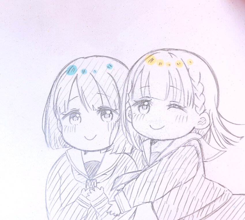 2girls ;) blush c: closed_mouth commentary graphite_(medium) greyscale hasu_no_sora_school_uniform hatching_(texture) highres hug hug_from_behind kachimachi_kosuzu linear_hatching link!_like!_love_live! long_sleeves love_live! momose_ginko monochrome multiple_girls neckerchief one_eye_closed sailor_collar school_uniform smile spot_color traditional_media upper_body virtual_youtuber wataame._(rubytan_25) winter_uniform