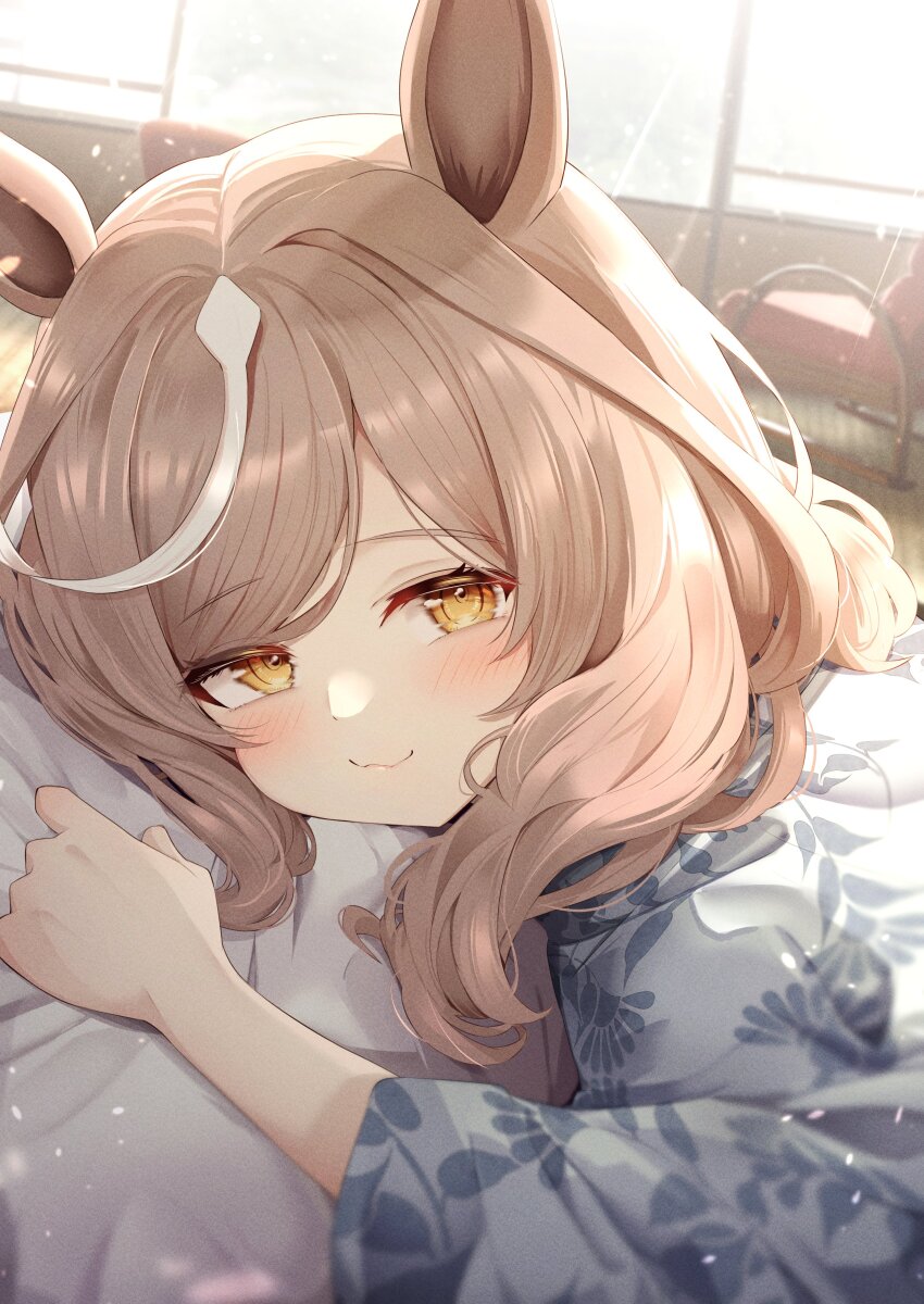 1girl absurdres alternate_costume animal_ears bed blurry blurry_background blush brown_eyes brown_hair closed_mouth highres horse_ears horse_girl japanese_clothes kimono looking_at_viewer matikane_tannhauser_(umamusume) pillow portrait pov sky_cappuccino smile solo umamusume umbrella waking_up yukata