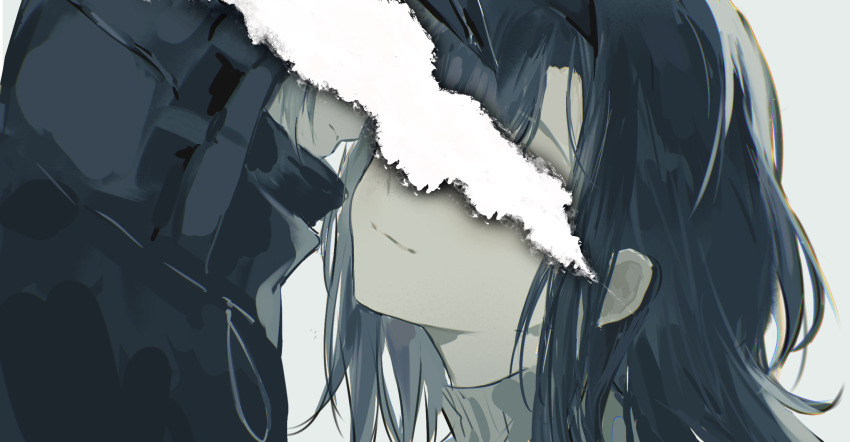 1girl 1other arknights brown_hair burnt convenient_censoring doctor_(arknights) highres kateuo long_hair looking_at_another priestess_(arknights) smile torn_photo white_hair