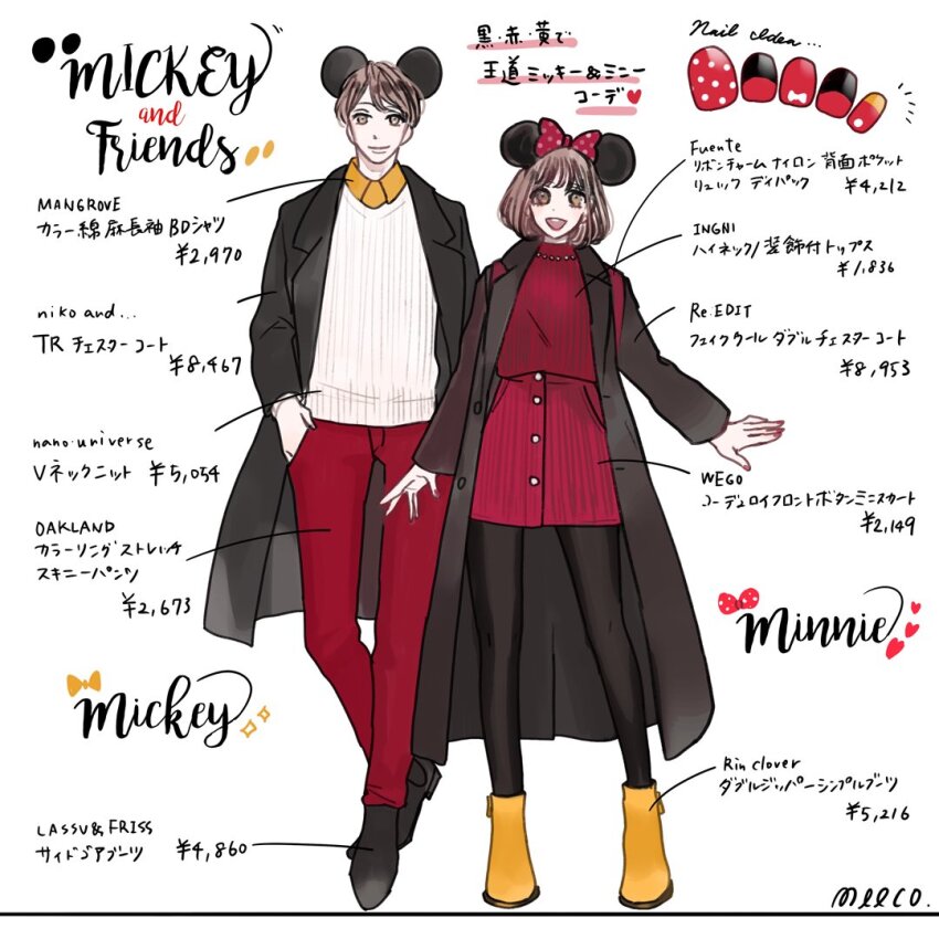 1boy 1girl bow brown_hair commentary_request couple dress fashion humanization long_hair looking_at_viewer meecosme mickey_mouse mickey_mouse_&amp;_friends minnie_mouse open_mouth pantyhose short_hair smile translation_request
