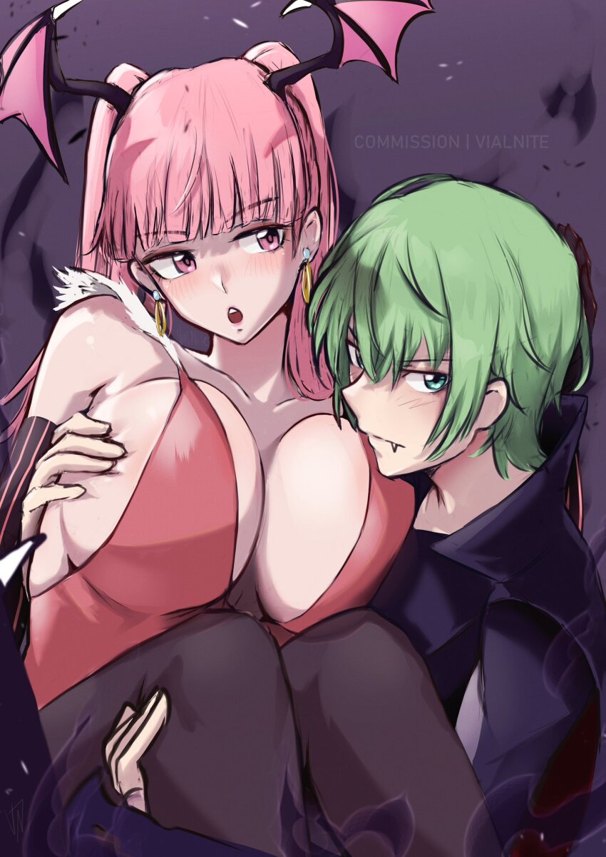 1boy 1girl alternate_costume blunt_bangs breasts male_byleth_(fire_emblem) cosplay darkstalkers earrings fire_emblem fire_emblem:_three_houses green_eyes green_hair head_wings highres hilda_valentine_goneril hug huge_breasts jewelry large_breasts leotard looking_at_viewer morrigan_aensland morrigan_aensland_(cosplay) nintendo pantyhose pink_eyes pink_hair pink_leotard strapless strapless_leotard twintails vialnite wings