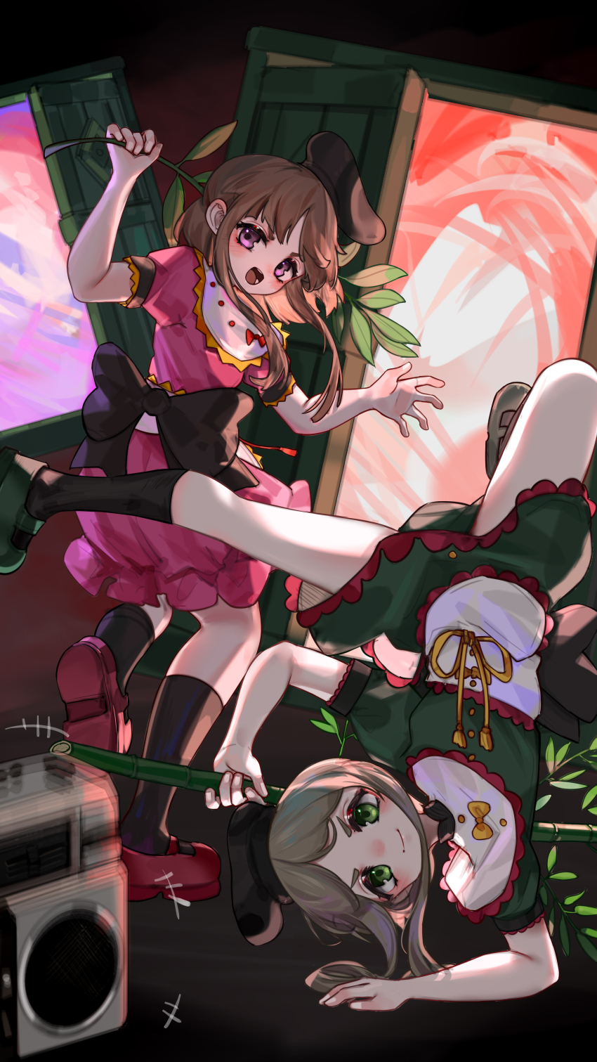 2girls absurdres black_socks brown_hair closed_mouth dancing dress green_dress green_eyes green_hair green_shoes handstand hat highres kourou_(kouroukun) legs long_sidelocks medium_hair multiple_girls nishida_satono one_arm_handstand open_door open_mouth pink_dress pink_eyes pink_shoes ribbon shoes short_sleeves sidelocks smile socks teireida_mai touhou