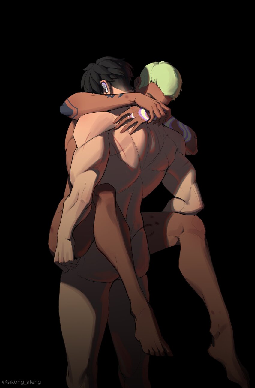 2boys absurdres arms_around_neck back_muscles black_hair bruise carrying carrying_person completely_nude covering_face gekko_(valorant) green_hair highres injury iso_(valorant) multiple_boys nude scar short_hair sikong_afeng tattoo wireless_earphones yaoi