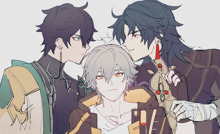 3boys arm_grab bandaged_hand bandages black_coat black_gloves black_hair black_jacket black_shirt blade_(honkai:_star_rail) blue_eyes blue_hair caelus_(honkai:_star_rail) closed_mouth coat collarbone constellation_print dan_heng_(honkai:_star_rail) dan_heng_(hunt)_(honkai:_star_rail) dark_blue_hair earrings eyeshadow fingerless_gloves gloves grey_hair hair_between_eyes hand_up highres honkai:_star_rail honkai_(series) hood hooded_jacket j7bge04 jacket jealous jewelry long_hair long_sleeves looking_afar looking_at_another love_triangle makeup male_focus multiple_boys open_clothes open_coat open_jacket orange_eyes orange_jacket red_eyes red_eyeshadow shirt short_hair simple_background single_earring smile t-shirt teeth trailblazer_(honkai:_star_rail) two-sided_fabric two-sided_jacket upper_body v-shaped_eyebrows white_background white_coat white_shirt yaoi