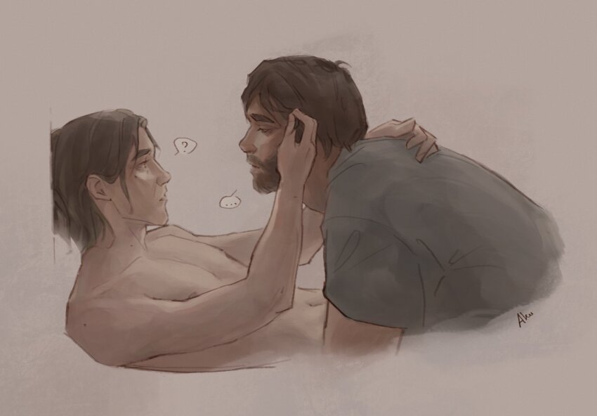 ... 2boys ? adam&#039;s_apple aleurain arcane:_league_of_legends arcane_survivor_jayce beard brown_background brown_eyes brown_hair clothed_male_nude_male collarbone commentary couple cropped_arms cropped_torso facial_hair from_side grey_shirt hair_behind_ear hand_in_another&#039;s_hair hand_on_another&#039;s_shoulder hashtag-only_commentary highres jayce_(league_of_legends) league_of_legends male_focus mole mole_under_eye multiple_boys navel nude parted_bangs shirt short_sleeves simple_background speech_bubble spoken_ellipsis spoken_question_mark t-shirt thick_eyebrows viktor_(arcane) viktor_(league_of_legends) yaoi
