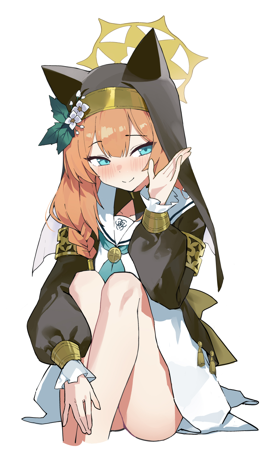 1girl absurdres animal_ear_headwear animal_ears aqua_neckerchief black_dress black_veil blue_archive blue_eyes blunt_bangs blush braid cat_ears cat_girl chinese_commentary closed_mouth commentary dress fake_animal_ears feet_out_of_frame flower frilled_sleeves frills hair_between_eyes halo hand_up hat hat_flower highres hugging_own_legs kaminari_(edeath) knees_up long_hair long_sleeves looking_at_viewer low-braided_long_hair low-tied_long_hair mari_(blue_archive) neckerchief nun orange_hair puffy_long_sleeves puffy_sleeves sailor_collar school_uniform serafuku simple_background sitting smile solo split_mouth thighs veil waving white_background white_flower white_sailor_collar yellow_halo