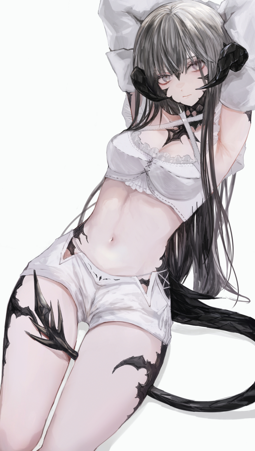 1girl armpits arms_up au_ra black_eyes black_hair breasts criss-cross_halter crop_top detached_sleeves dragon_girl dragon_horns dragon_tail final_fantasy final_fantasy_xiv halterneck highres horns long_hair looking_at_viewer maho_moco midriff navel scales shorts solo tail warrior_of_light_(ff14) white_background white_shorts