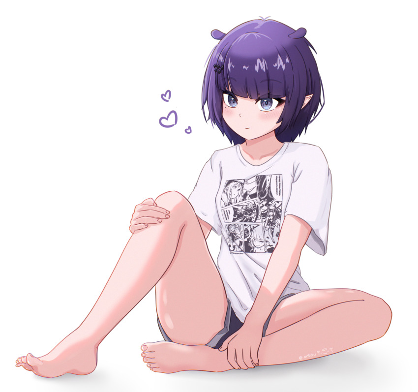 absurdres crossed_legs feet highres hololive hololive_english ninomae_ina&#039;nis ninomae_ina&#039;nis_(loungewear) orbsu purple_eyes purple_hair shirt short_shorts shorts sitting t-shirt thighs toes virtual_youtuber