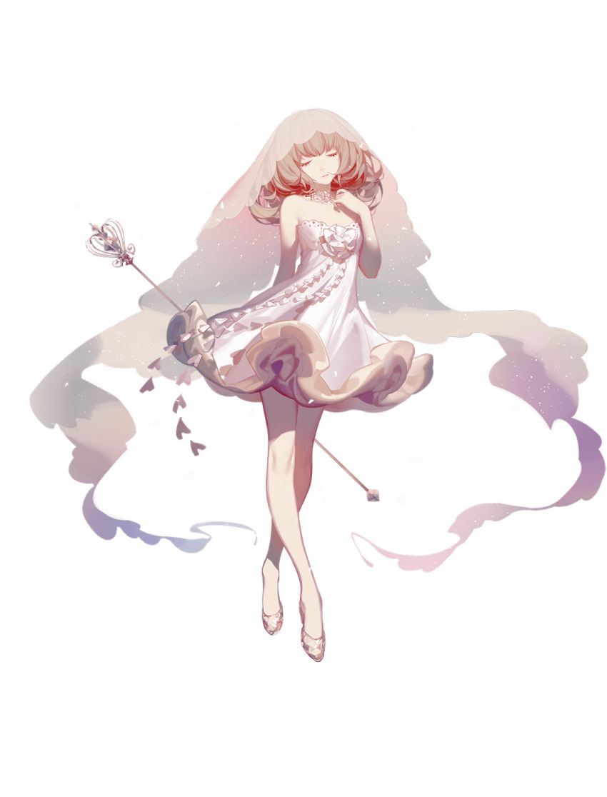 1girl ask_(askzy) bare_shoulders choker closed_eyes closed_mouth curly_hair dress highres lydia_jessica noah_fantasy pink_hair scepter socks white_background white_dress white_socks