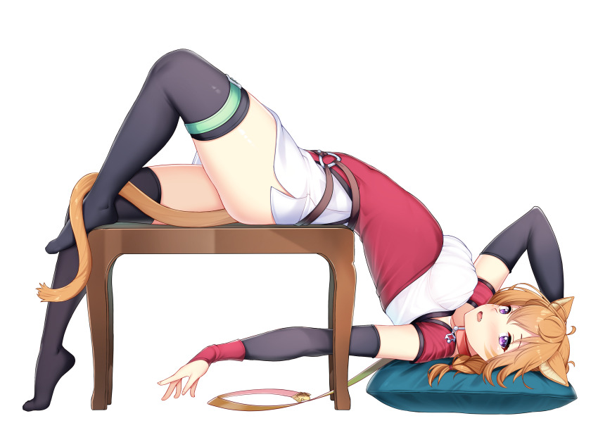 1girl absurdres animal_ears belt black_thighhighs blush braid breasts cat_ears cat_girl choker collar commission commissioner_upload detached_sleeves facepaint facial_mark fang fire_emblem fire_emblem:_path_of_radiance fire_emblem:_radiant_dawn highres large_variant_set looking_at_viewer lying lyre_(fire_emblem) medium_breasts messy_hair nabunabu nintendo o-ring o-ring_belt open_mouth orange_hair orange_tail pantyhose pillow pink_choker pink_collar purple_eyes rainbow_ribbon shorts side_slit side_slit_shorts solo thick_thighs thigh_belt thigh_strap thighhighs thighs variant_set whisker_markings white_background