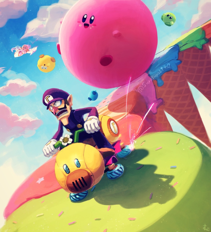 1boy black_overalls blue_sky dragoon_(kirby) facial_hair highres ice_cream_cone kirby kirby&#039;s_dream_buffet kirby_(series) kirby_air_ride mario_(series) mario_kart mario_kart_8 mustache nintendo overalls pointy_ears purple_headwear purple_shirt scared shirt sky smile sprinkles suyasuyabi twitter_username waluigi wild_wiggler