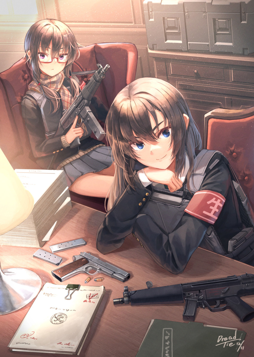 2girls absurdres armband armchair black_jacket blue_eyes brown_hair brown_scarf bullet chair closed_mouth collared_shirt commentary_request dreadtie grey_skirt gun h&amp;k_mp5 hair_between_eyes handgun highres holding holding_gun holding_weapon indoors jacket looking_at_viewer m1911 magazine_(weapon) multiple_girls on_chair original pistol pleated_skirt purple_eyes red-framed_eyewear scarf semi-rimless_eyewear shirt sitting skirt smile submachine_gun under-rim_eyewear weapon weapon_request white_shirt witness_holes
