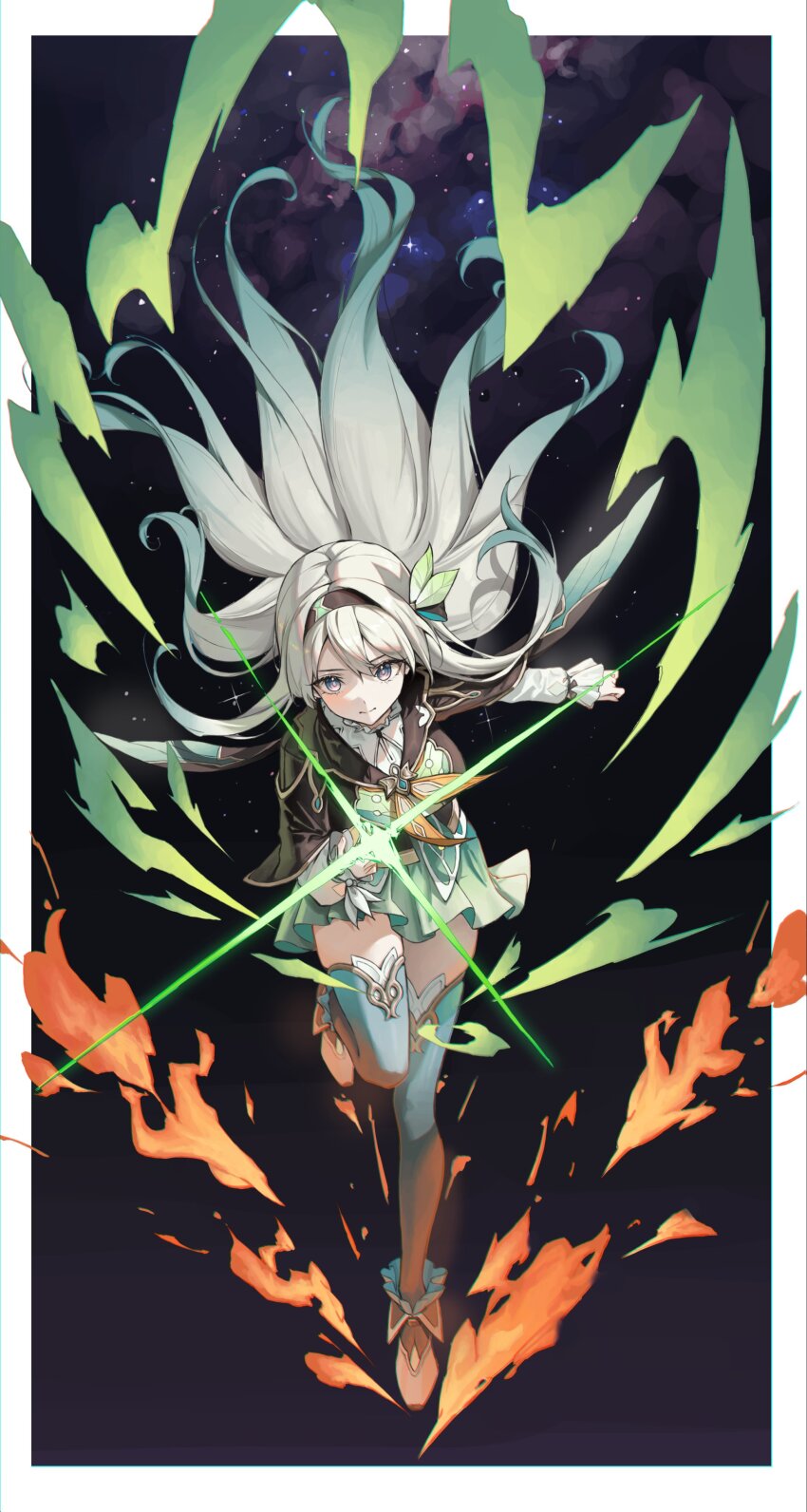 1girl absurdres aqua_dress aqua_thighhighs brown_hairband brown_jacket collared_dress cropped_jacket dress fire firefly_(honkai:_star_rail) gradient_hair green_fire green_pupils grey_hair hair_between_eyes hair_intakes hair_ornament hair_ribbon hairband highres holding honkai:_star_rail honkai_(series) imory_001 jacket leg_up long_hair multicolored_eyes multicolored_hair neckerchief orange_neckerchief ribbon solo star_(sky) starry_sky_background thighhighs two-tone_eyes
