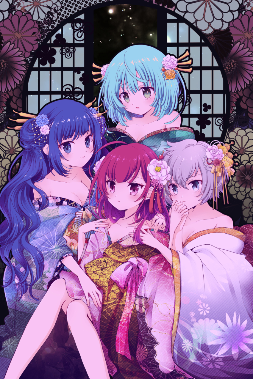 4girls ahoge bad_id bad_twitter_id bare_shoulders blue_eyes blue_hair blue_kimono breasts chiwa_(chiwawanwan1206) chun_meiyui cleavage closed_mouth commentary_request double_bun floral_background floral_print floral_print_kimono flower green_eyes green_hair grey_hair hair_bun hair_flower hair_ornament hand_on_another&#039;s_shoulder highres holding_hands interlocked_fingers japanese_clothes kimono long_hair long_sleeves looking_at_viewer magia_record:_mahou_shoujo_madoka_magica_gaiden mahou_shoujo_madoka_magica multiple_girls natsume_kako off_shoulder open_mouth pink_flower pink_kimono print_kimono purple_eyes purple_hair shinobu_akira_(madoka_magica) short_hair sitting smile tokiwa_nanaka very_long_hair wavy_hair white_flower wide_sleeves yellow_flower