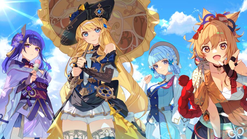 4girls absurdres ayaka_(genshin_impact) bandages black_headwear black_sash blonde_hair blue_dress blue_eyes blue_hair blue_sky blunt_bangs breasts chest_sarashi cleavage cloud commentary cowboy_shot dango day detached_sleeves dress food genshin_impact highres holding holding_food holding_umbrella japanese_clothes kamisato_ayaka kamisato_ayaka_(springbloom_missive) kimono long_hair long_sleeves looking_at_viewer multiple_girls navia_(genshin_impact) obi orange_kimono parted_lips purple_eyes purple_hair purple_kimono raiden_shogun red_sash sanshoku_dango sarashi sash shotgunman sky standing umbrella upper_body very_long_hair wagashi yellow_eyes yoimiya_(genshin_impact)