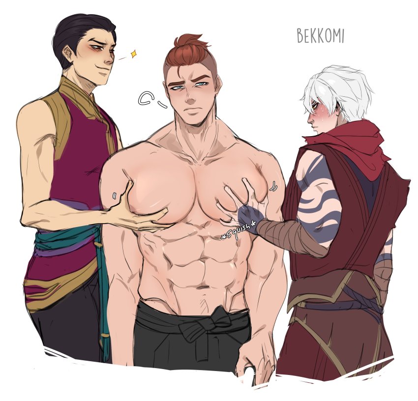 3boys abs absurdres bara bekkomi blush boy_sandwich character_request copyright_request cropped_legs groping hair_strand highres large_pectorals looking_at_viewer male_focus meme multiple_boys muscular muscular_male navel navel_hair nipples parody_request pectoral_grab pectorals ponytail sandwiched short_hair stomach topless_male undercut unfinished yaoi