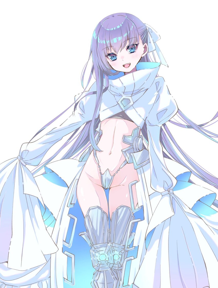 1girl :d arm_at_side armored_boots blue_eyes boots cloak cowboy_shot crotch_plate dot_nose dress fate/grand_order fate_(series) flat_chest floating_hair hair_ribbon highres juliet_sleeves long_hair long_sleeves looking_at_viewer meltryllis_(fate) meltryllis_(third_ascension)_(fate) navel open_mouth prosthesis prosthetic_leg puffy_sleeves purple_hair revealing_clothes ribbon shrug_(clothing) simple_background sleeves_past_fingers sleeves_past_wrists smile solo standing stomach very_long_hair white_background white_cloak white_dress white_ribbon yamuimo