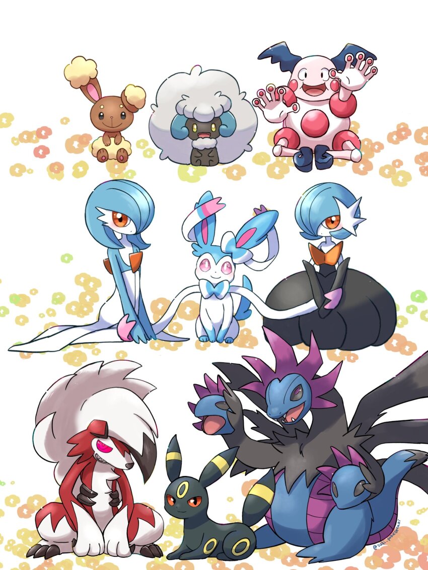 alternate_color black_dress black_fur black_gloves blue_hair blue_skin bob_cut bow bowtie brown_fur buneary colored_skin creatures_(company) dragon dress elbow_gloves game_freak gardevoir gen_1_pokemon gen_2_pokemon gen_3_pokemon gen_4_pokemon gen_5_pokemon gen_6_pokemon gen_7_pokemon gloves highres hydreigon lycanroc mega_gardevoir mega_pokemon mr._mime multicolored_skin nintendo orange_eyes pink_eyes pokemon pokemon_(creature) red_eyes saki_pokeoekaki shiny_pokemon sitting smile sylveon two-tone_skin umbreon whimsicott white_dress white_fur white_skin yellow_eyes