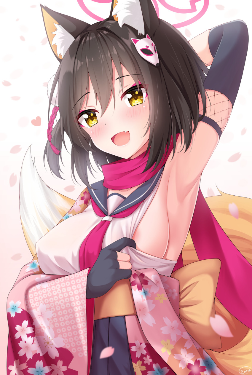 1girl animal_ears armpits blue_archive blush breasts brown_hair enru fox_ears fox_girl gloves hair_ornament halo happy highres izuna_(blue_archive) japanese_clothes medium_breasts presenting_armpit school_uniform smile solo yellow_eyes