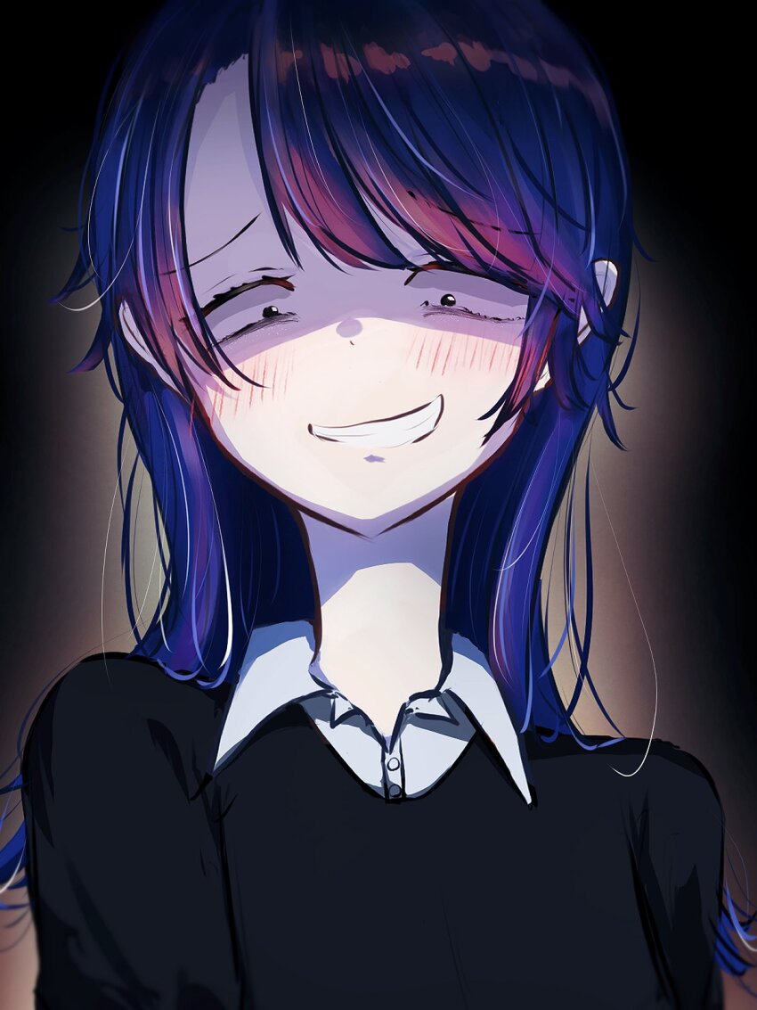 1girl ado_(utaite) atashi_wa_mondaisaku black_sweater blue_hair blush clenched_teeth collared_shirt commentary_request dress_shirt highres long_hair looking_at_viewer open_mouth shirt solo sweater tanaka_keiko_(ado) tanake_(tanakei_ado) teeth upper_body white_shirt
