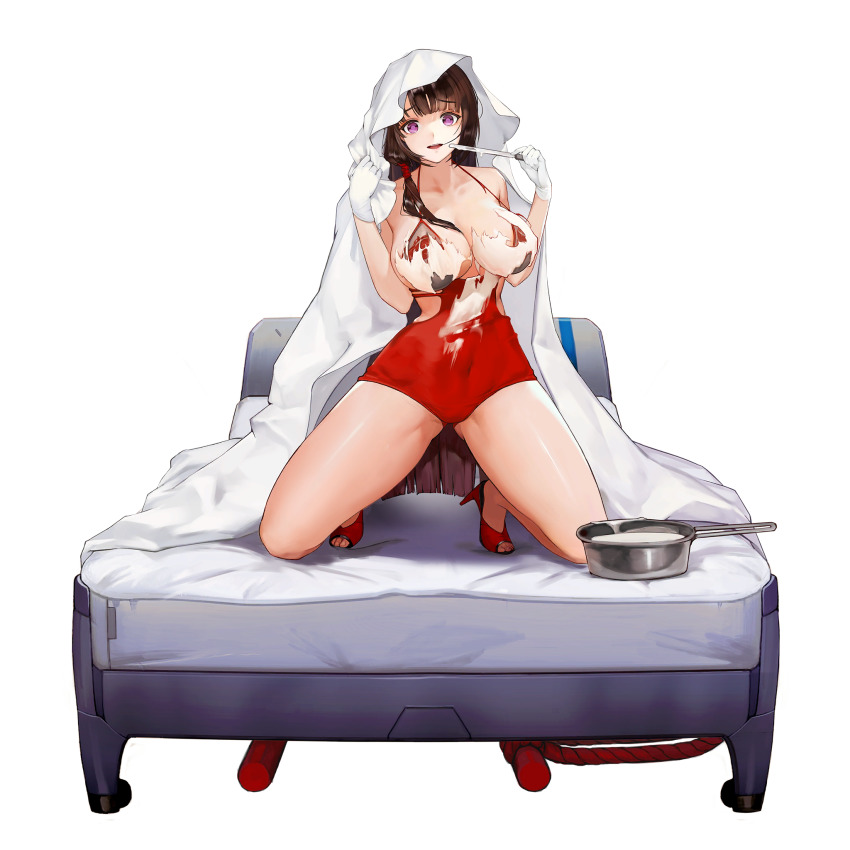 1girl :p bed bed_sheet breasts cleavage clothing_cutout collarbone cooking_pot covered_navel crazy_eyes empty_eyes full_body game_cg gloves gluteal_fold groin_tendon hair_in_own_mouth high_heels highres holding holding_knife icing kneeling knife large_breasts last_origin long_hair looking_at_viewer official_alternate_costume official_art on_bed one-piece_swimsuit purple_eyes red_footwear red_one-piece_swimsuit rorobomb sanpaku scissors_lise see-through_clothes see-through_one-piece_swimsuit shiny_skin side_cutout side_ponytail simple_background swimsuit tachi-e toeless_footwear tongue tongue_out torn_clothes torn_swimsuit transparent_background very_long_hair wardrobe_malfunction white_gloves yandere
