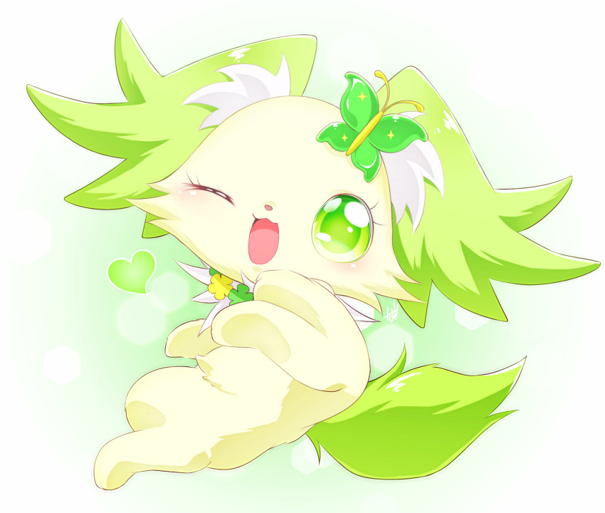 animal_focus animalization butterfly_hair_ornament commentary_request creature creature_focus dog green_eyes green_theme hair_ornament heart highres jewelpet_(creature) jewelpet_(series) looking_at_viewer master_nabesama no_humans one_eye_closed open_mouth peridot_(jewelpet) simple_background smile solo textless_version white_background yellow_fur