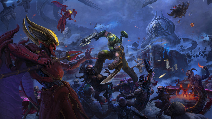 arachnotron arch-vile arm_blade armor bad_ass battle biceps blood_maykr burning cacodemon demon doom_(series) doom_eternal doomguy energy_ball fangs fire floating_island flying ghost gun helmet highres holding holding_gun holding_weapon horns imp_(doom) khan_maykr lost_soul_(doom) manly maykr_drone mecha muscular muscular_male night_sentinel official_art pain_elemental pinky_demon polearm power_armor praetor_suit red_eyes revenant_(doom) robot shotgun shoulder_cannon spacecraft spear the_possessed weapon whiplash_(doom_eternal) yellow_eyes zombieman_(doom)