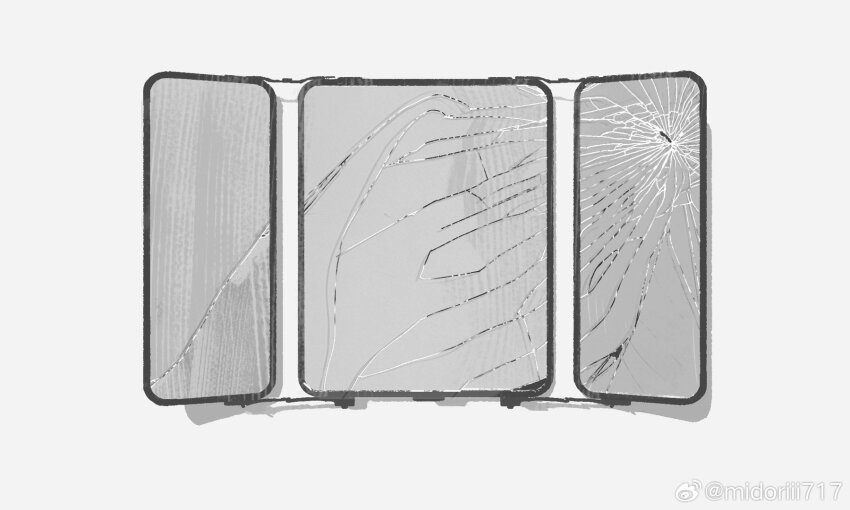 chinese_commentary commentary_request crack cracked_glass highres marvel marvel_cinematic_universe midoriii717 mirror moon_knight_(disney+) no_humans object_focus rear-view_mirror shadow side-view_mirror simple_background watermark weibo_watermark white_background